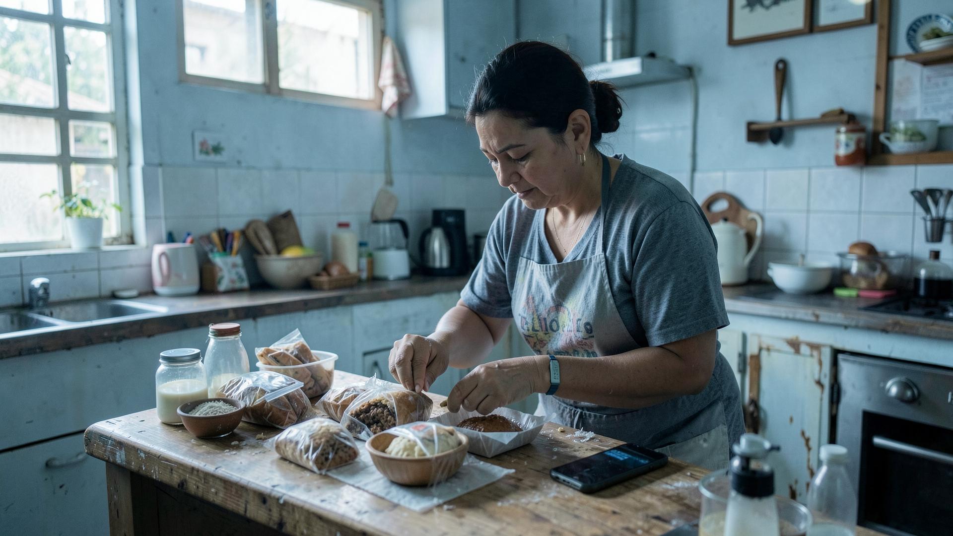 Empreendedora embalando encomendas na cozinha de casa