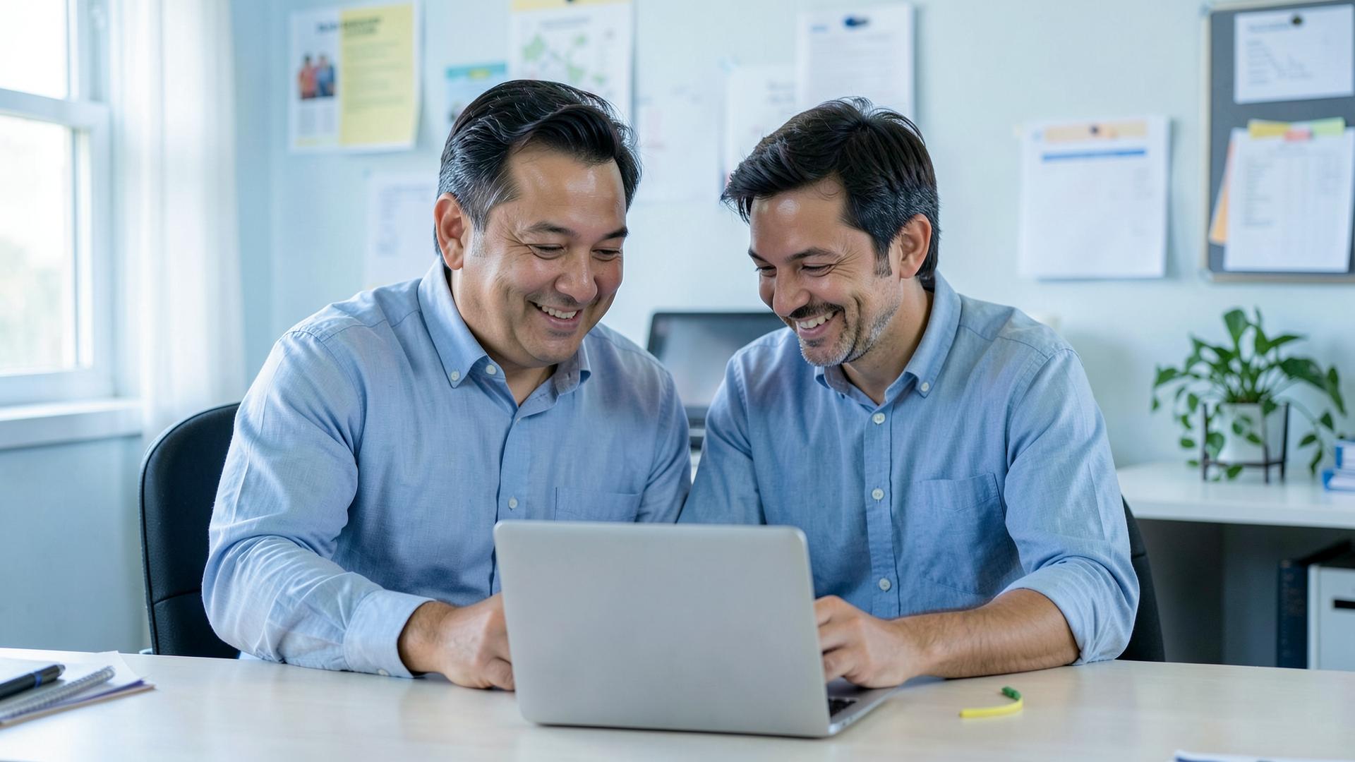 Sócios de uma pequena empresa de serviços olhando o notebook